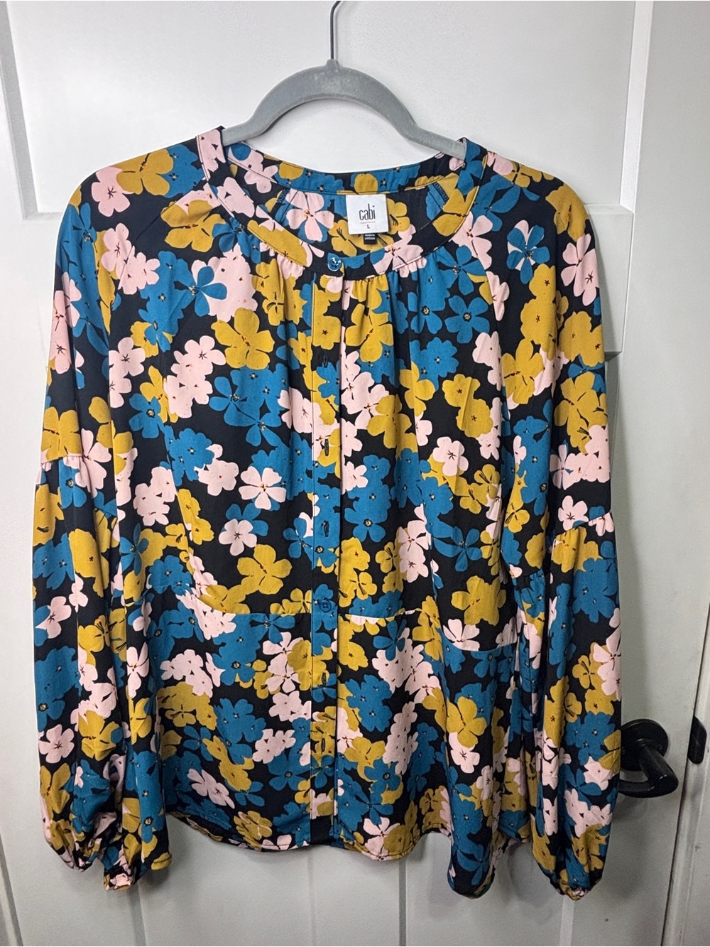 CAbi Navy Floral Blouse with Pink & Mustard Accents